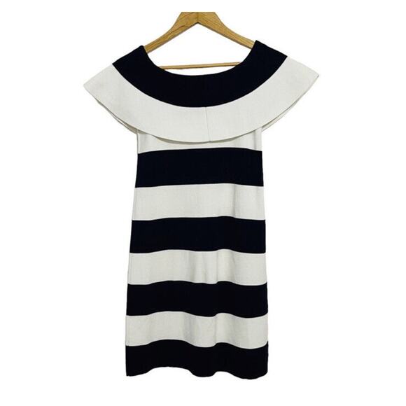 Ann Taylor Off The Shoulder Sheath Sweater Dress Striped White Navy Size XXS - Picture 3 of 4
